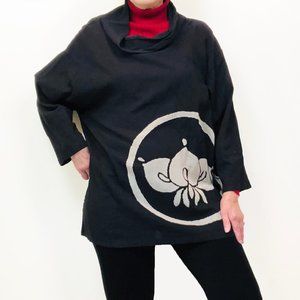 Lotus Flower Asian Inspired Black Gauzy Cotton Top